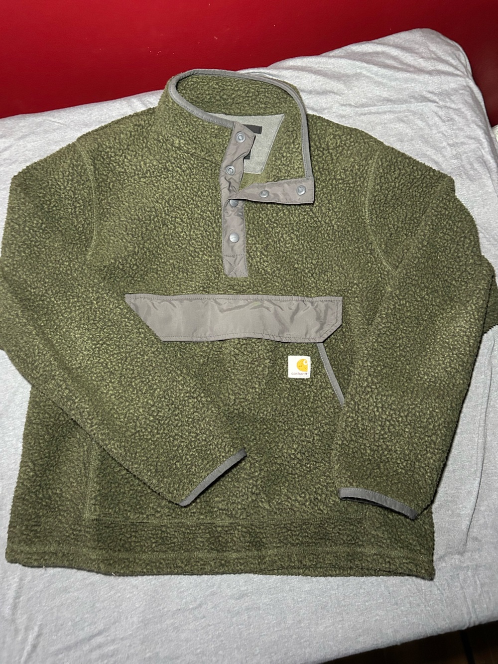 Carhartt Olive Green Sherpa Pullover with Snap Placket